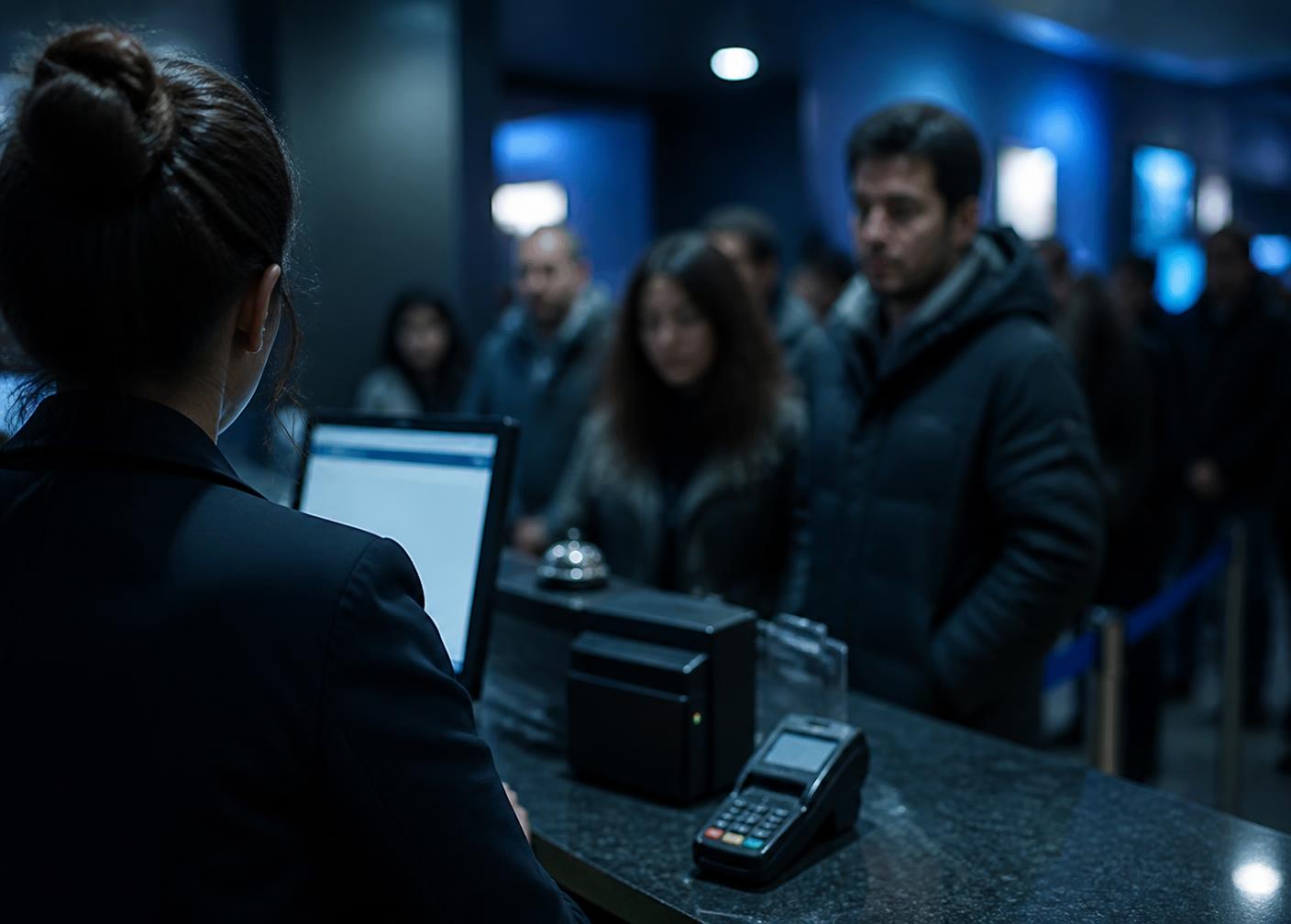 View from behind a service counter at night with a blurred queue of customers