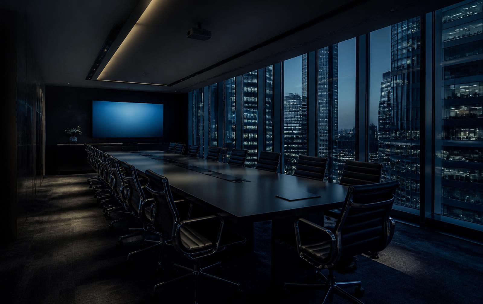 A dark Canary Wharf boardroom at dusk prepared for a leadership debrief